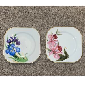 MERIT Square Salad Plates Pink Orchid Blue & Purple Iris Lot of 2 Occupied Japan